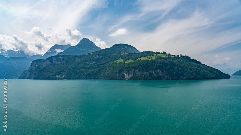 Switzerland, Panoramic view on green Swiss Alps and lake Lucerne near Seelisberg