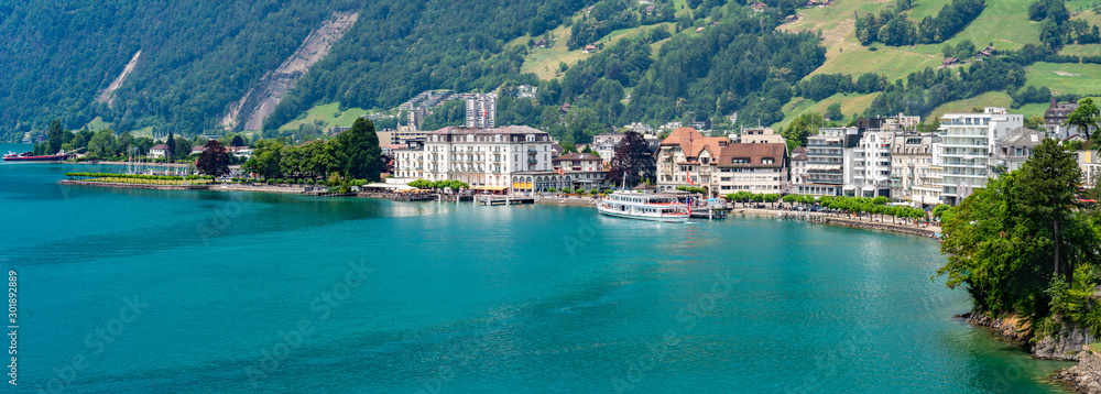 Switzerland, Panoramic view on Brunnen and lake Lucerne