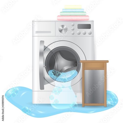 Vector realistic ribbed hand washboard and open broken washing-machine with pile color towels and leaking water isolated on white background. 3D illustration.