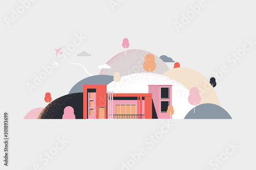 Modern building with mountains and trees in pink and orange tones