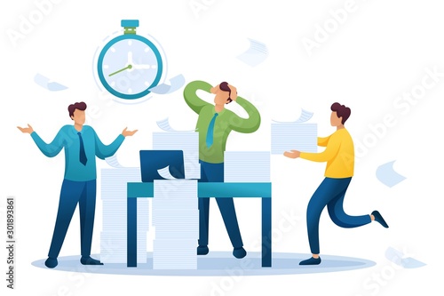 Stressful situation at work reporting deadline, employees in panic. Flat 2D character. Concept for web design