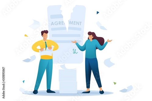 Stressful situation of the contract break, the agreement between the companies. Flat 2D character. Concept for web design