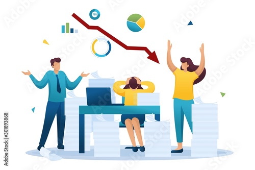 Stressful situation on the background of falling stock prices, the company's employees in a panic. Flat 2D character. Concept for web design