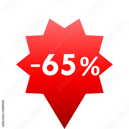 Sale - minus 65 percent - red gradient tag isolated - vector