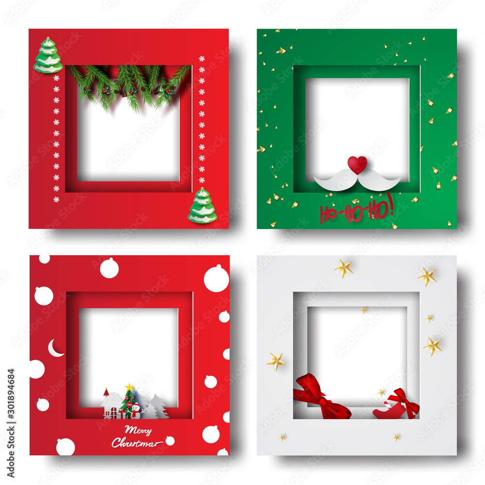 Merry Christmas and Happy new year border frame photo design set on transparency background.Creative origami paper cut and craft style.Holiday decoration gift card.Winter season vector illustration - obrazy, fototapety, plakaty 