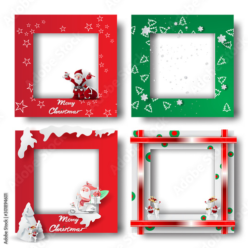 Merry Christmas and Happy new year border frame photo design set on transparency background.Creative origami paper cut and craft style.Holiday decoration gift card.Winter Postcard vector illustration