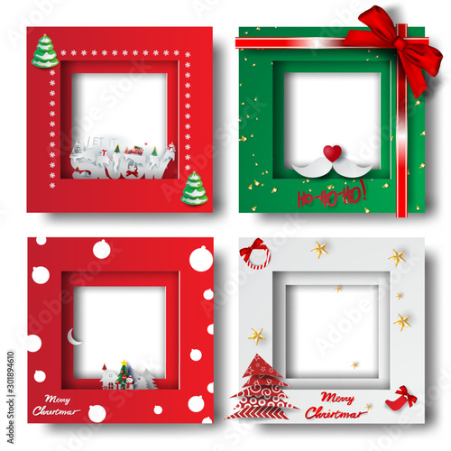 Merry Christmas and Happy new year border frame photo design set on transparency background.Creative origami paper cut and craft style.Holiday decoration gift card.Winter season vector illustration
