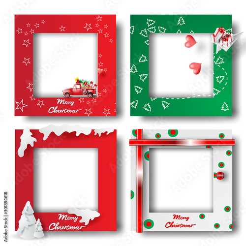 Merry Christmas and Happy new year border frame photo design set on transparency background.Creative origami paper cut and craft style.Holiday decoration gift card.Winter Postcard vector illustration