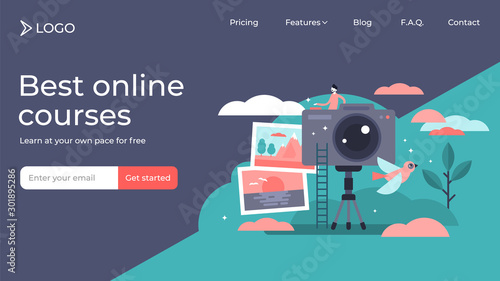 Photographer tiny persons vector illustration landing page template design.