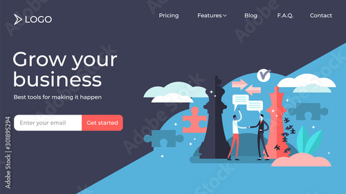 Negotiation tiny persons vector illustration landing page template design.