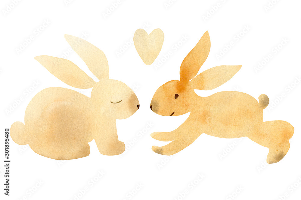 set of elements, cute bunny on an isolated white background, watercolor illustration, hand drawing