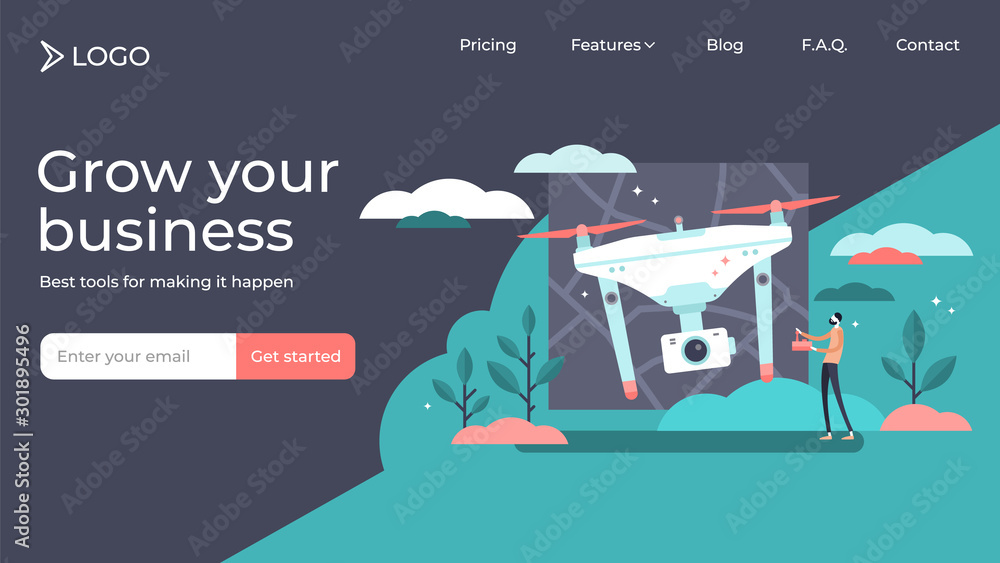 Drones flat tiny persons vector illustration landing page template design. Drones flat tiny persons vector illustration landing page template design.
