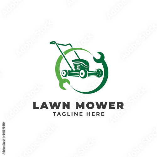 Lawn Mower Repair with Wrench Logo Vector Icon Illustration
