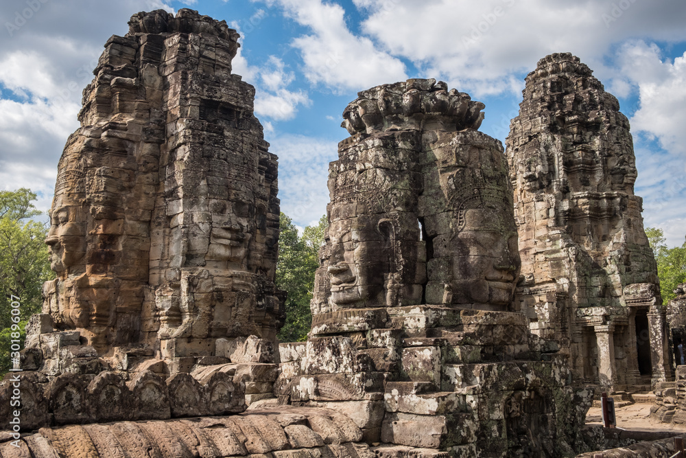 The mystery face on the tower of Bayon temple in Siem Reap, Cambodia.
