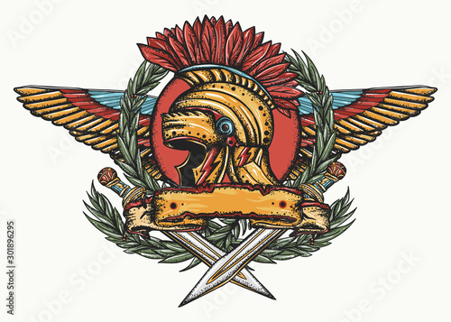 Spartan helmet, wings, crossed swords and laurel wreath. Old Italian history. Symbol of war, courage, strength. Ancient Rome tattoo. Gladiator art