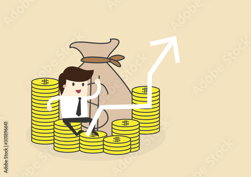 Business man sit on money coin with dollar icon and money bag, vector illustration