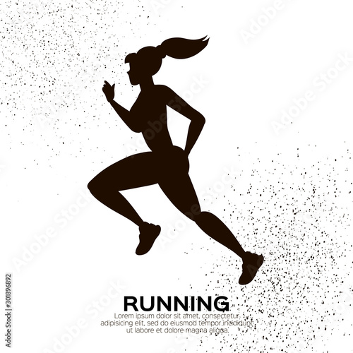 Young lady running. Happy fitness woman. Woman runner in black silhouette on white background. Gogging. Dynamic movement. Side view.