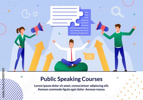 Public Speaking Courses, Business Leadership Seminar Trendy Flat Vector Advertising Banner, Promo Poster with Business Trainer Teaching Students Art of Oratory and Confidence Confidence Illustration
