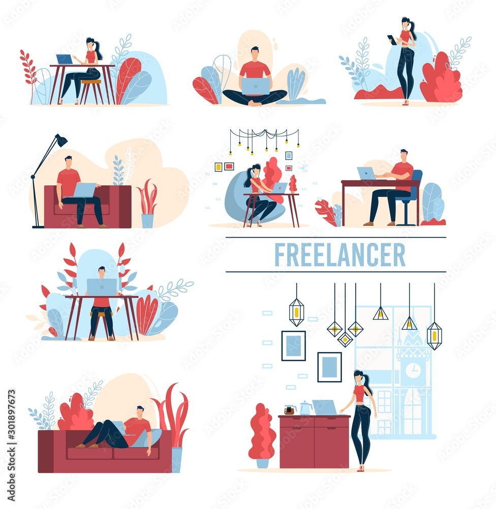 Working at Home Female, Male Freelancers Characters Trendy Flat Vector Set Isolated on White Background. Man and Woman Working on Distance, Sitting at Table, Lying on Sofa, Using Laptop Illustration