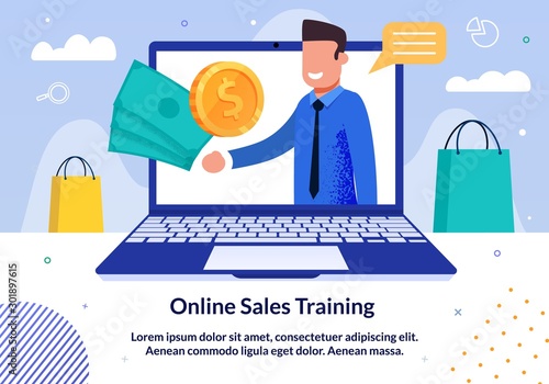 Online Sales Business Training, Seminar or Lecture Trendy Flat Vector Advertising Banner, Promo Poster Template. Successful Businessman Offers to Buy Online Course Videos to Improve Sales Illustration