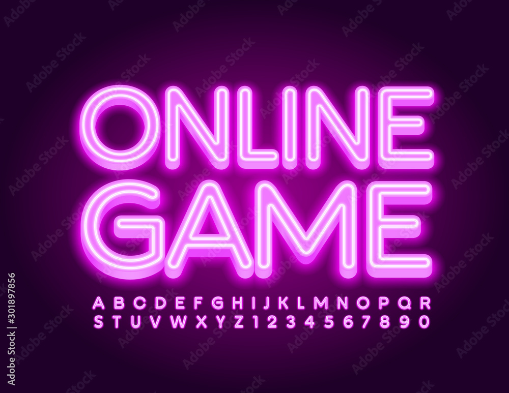 Vector bright sign Online Game with neon violet Font. Electric glowing Alphabet Letters and Numbers