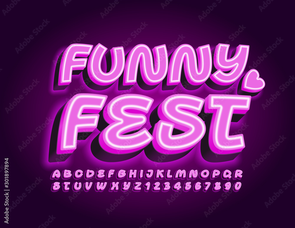 Vector bright poster Funny Fest. Violet neon Font. Electric Alphabet Letters and Numbers
