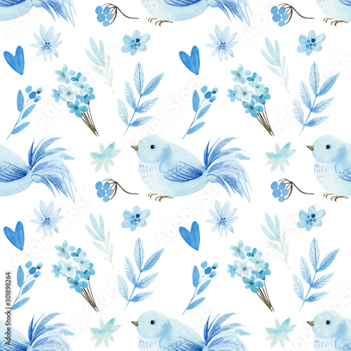 Easter watercolor, seamless pattern on a white background, blue birds, hearts, flowers, leaves