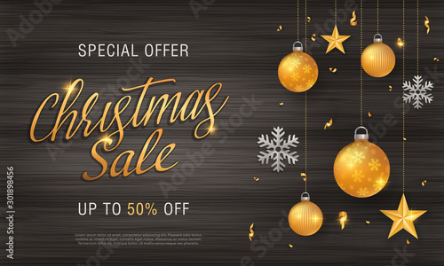 Christmas sale banner vintage wood background template with glitter gold elements, snowflakes, stars	