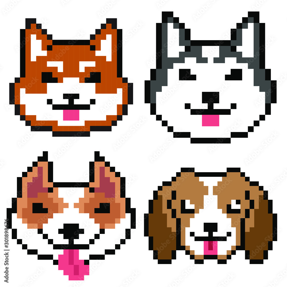 Fototapeta premium Set vector pixel art dogs isolated on white background, Shiba Siberian American pitbull terrier and Beagle dogs.