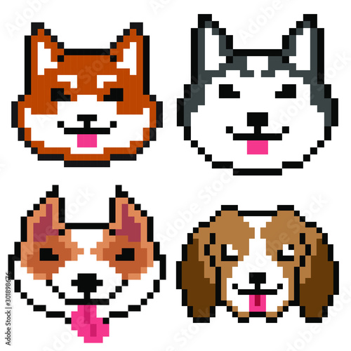 Set vector pixel art dogs isolated on white background, Shiba Siberian American pitbull terrier and Beagle  dogs.