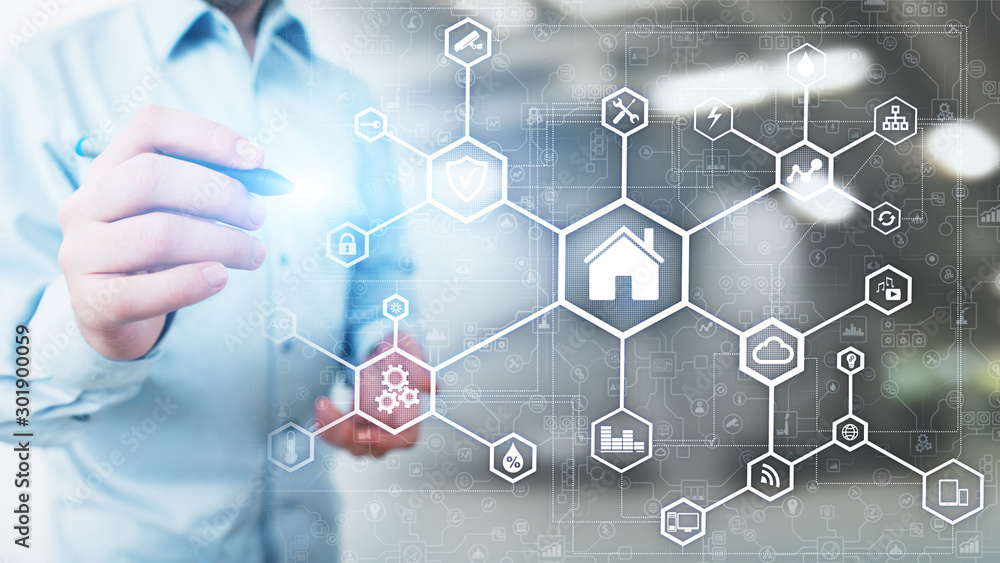 Smart home control panel on virtual screen. IOT and Automation technology concept. Smart home control panel on virtual screen. IOT and Automation technology concept.