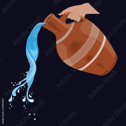 Painted clay pitcher with a handle, splashing water, pouring water. A pitcher in his hand. Isolated, black.Vector