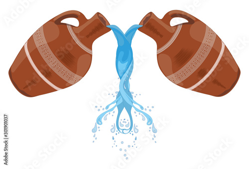 Ceramic, glossy pitcher. Clay jug of water, water is pouring. Dishes for liquid. Ceramics. Isolated, white. Vector