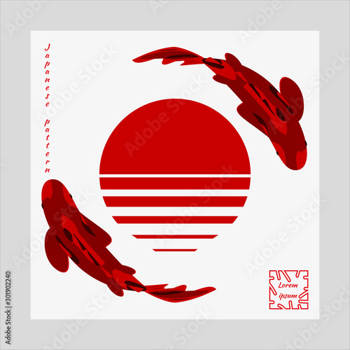 Japanese pattern, two decorative Koi carp fish, rising sun. Poster with trendy modern design template for covers, cards. Vector illustration, objects of red color on white background.