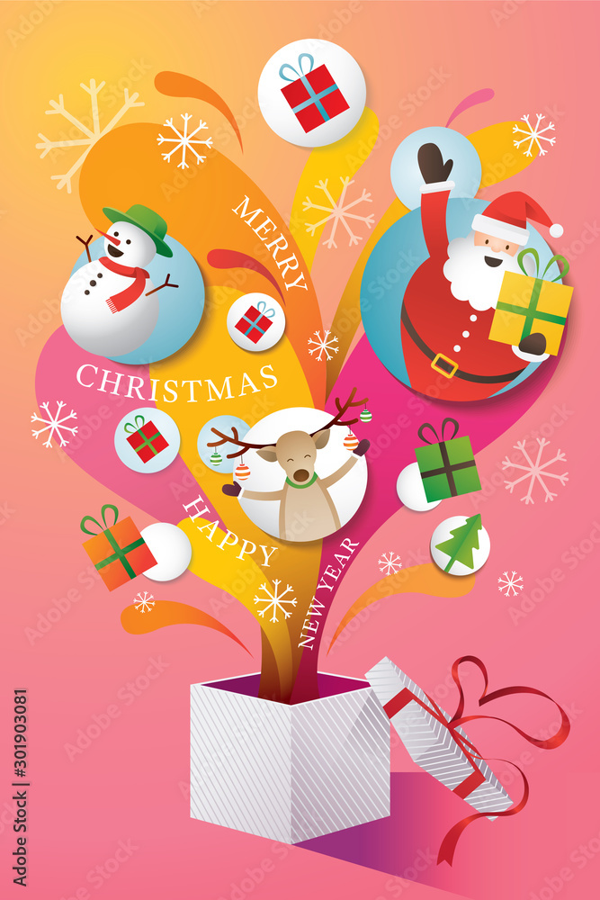 Fototapeta premium Santa Claus, Friends and Gifts Popping Out From Gift Box, Merry Christmas and Happy New Year