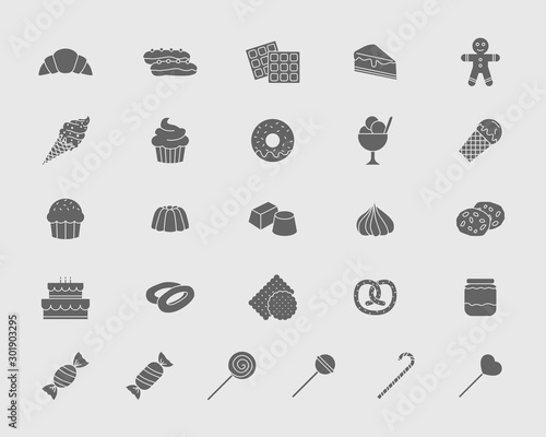 Candy Icons set - Vector solid silhouettes of sweet food for the site or interface