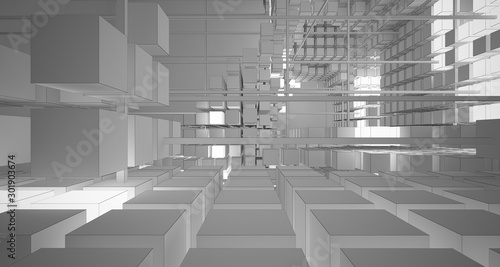 Abstract architectural white interior of cubes with neon lighting. Drawing. 3D illustration and rendering.