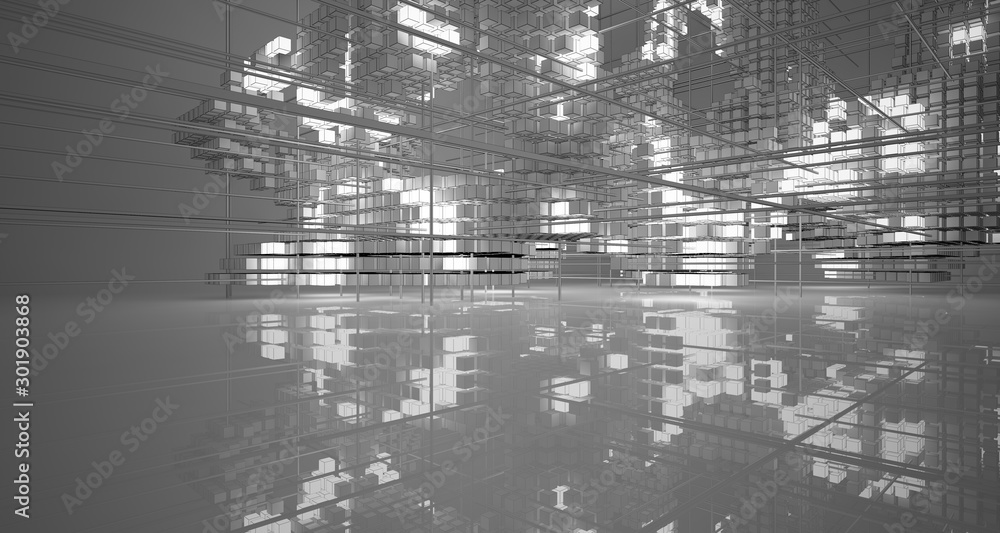 Abstract architectural white interior of cubes with neon lighting. Drawing. 3D illustration and rendering. Abstract architectural white interior of cubes with neon lighting. Drawing. 3D illustration and rendering.
