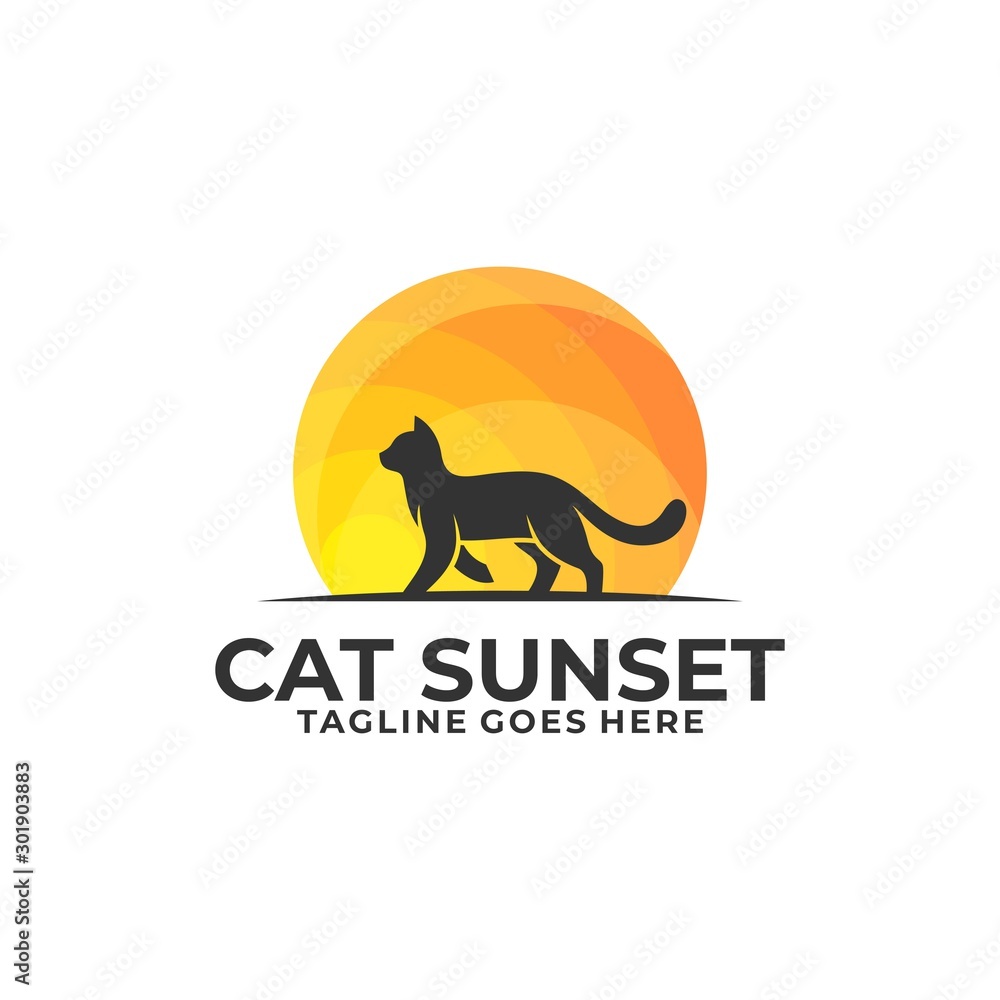 Cat Walking on Sunset Design Concept illustration Vector Template, Cat Walking on Sunset Design Concept illustration Vector Template,