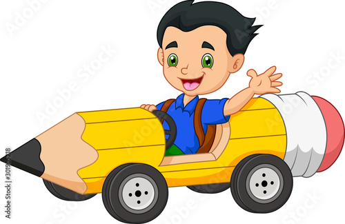 Cartoon children ride cars pencils