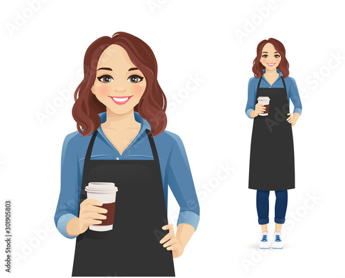 Waitress or barista. Smiling woman in black apron holding coffee cup isolated vector illustration