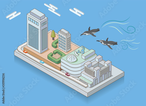 Sunshine City and flying penguins in Ikebukuro, Tokyo. Isometric Illustration