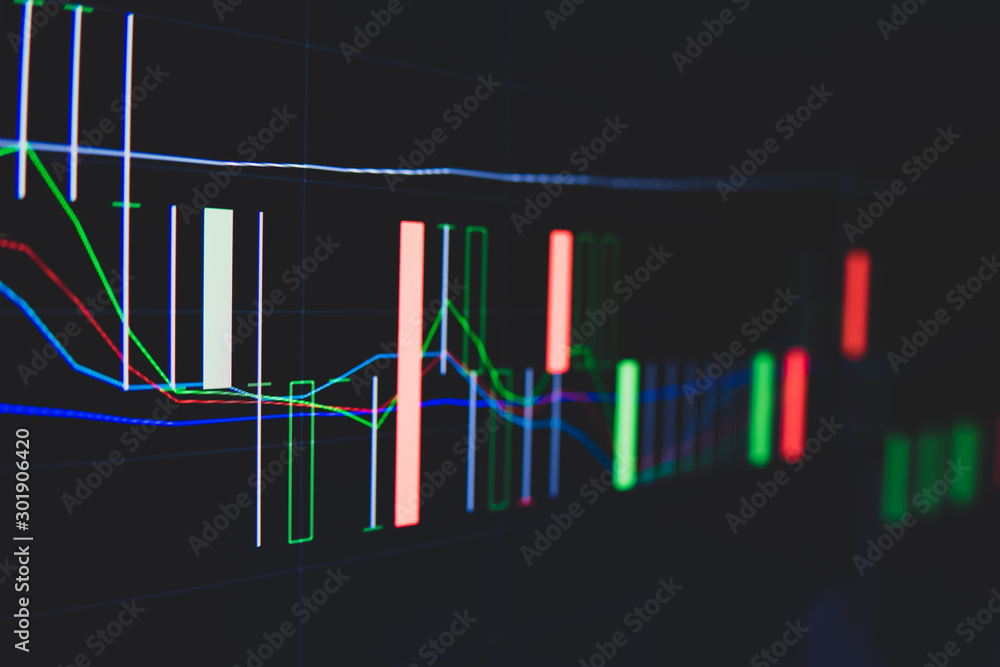 Stock market trading graph and candlestick chart on screen for businese financial investment concept. Economy trends background. Abstract finance and invest background.