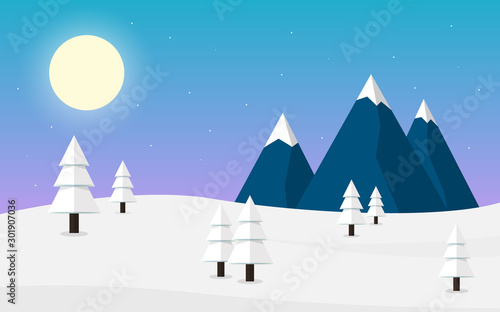 Winter landscape with snow, mountain and tree