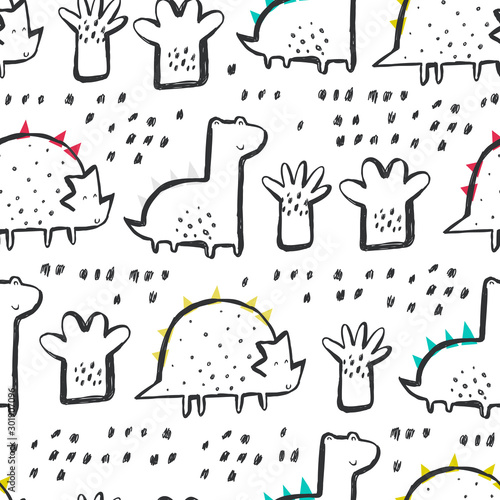 Cute seamless pattern with dinosaurs, trees on a white background. Perfect for kids apparel, fabric, textile, nursery decoration, wrapping paper. Trendy vector pattern.