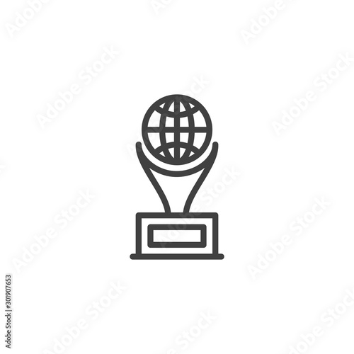 World award cup line icon. linear style sign for mobile concept and web design. World globe Trophy cup outline vector icon. Symbol, logo illustration. Vector graphics