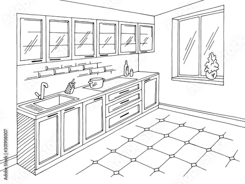 Kitchen room graphic black white home interior sketch illustration vector