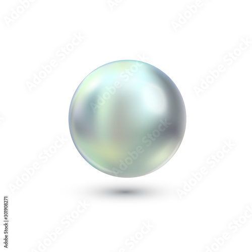 Vector illustration of single shiny natural blue sea oyster pearl with light effects isolated on white background. Beautiful 3D shining realistic pearl for luxury accessories.