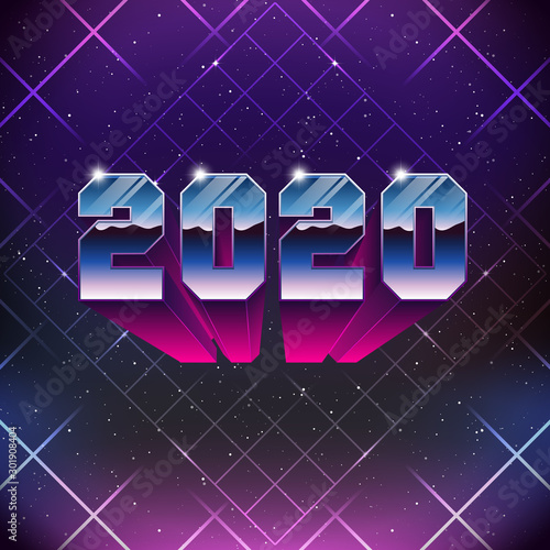 Happy New 2020 Year Greetings Card in 80s Retro Sci-Fi style. Vector futuristic synth retro wave illustration in 1980s posters style.