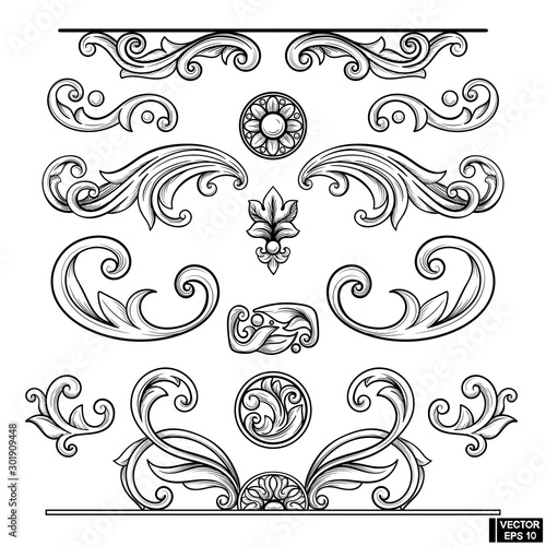 Set of element baroque engraving floral scroll